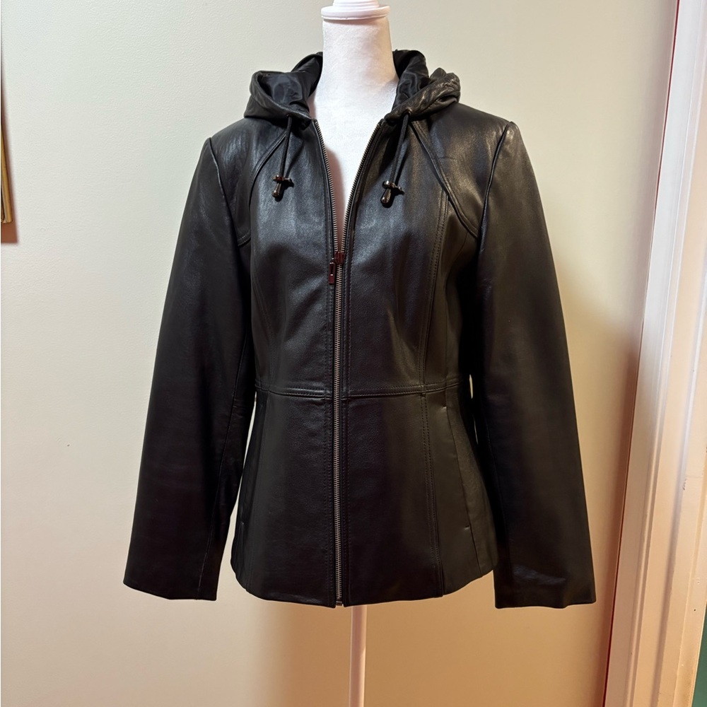 Black Hooded Leather Jacket - Women's Zip Front